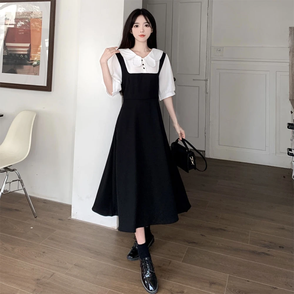 

2023 Fashion Summer Women Preppy Style Elegant Peter Pan Collar A Line Calf-Length Slim Fake Two Pieces Set Dress Oversized 3XL