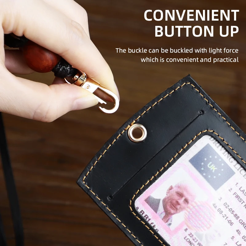 Genuine Leather Card Holder with Lanyard for Pass Card Credential Door Pass Cover for Badges Clips Office Accessories