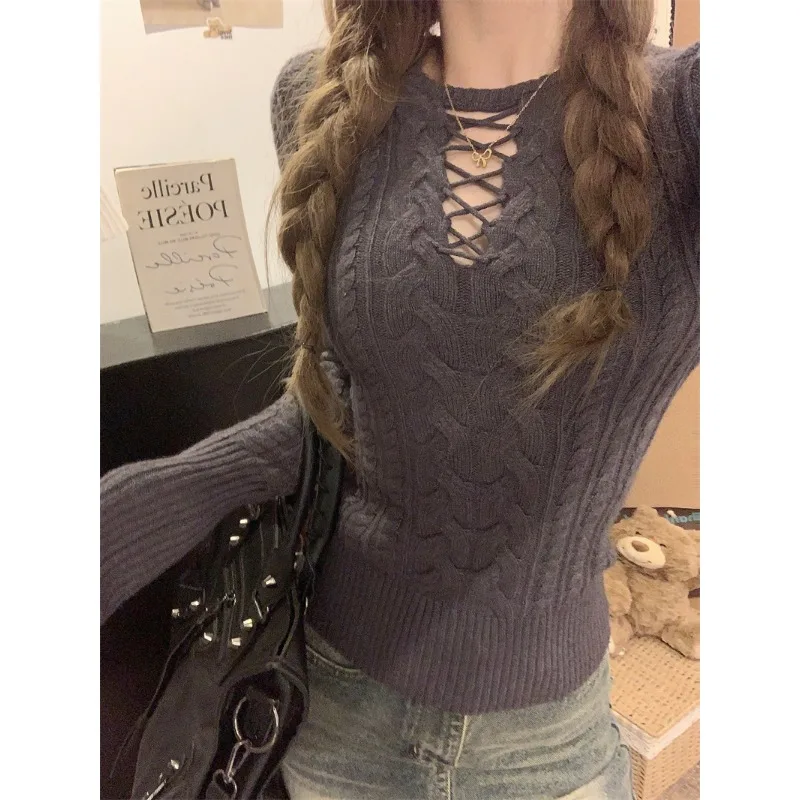 Autumn Sexy Hollow Out Long Sleeved Sweater Korean Style Elegant Knitwear Winter Slim Fit Solid Color Knitted Tops 2025
