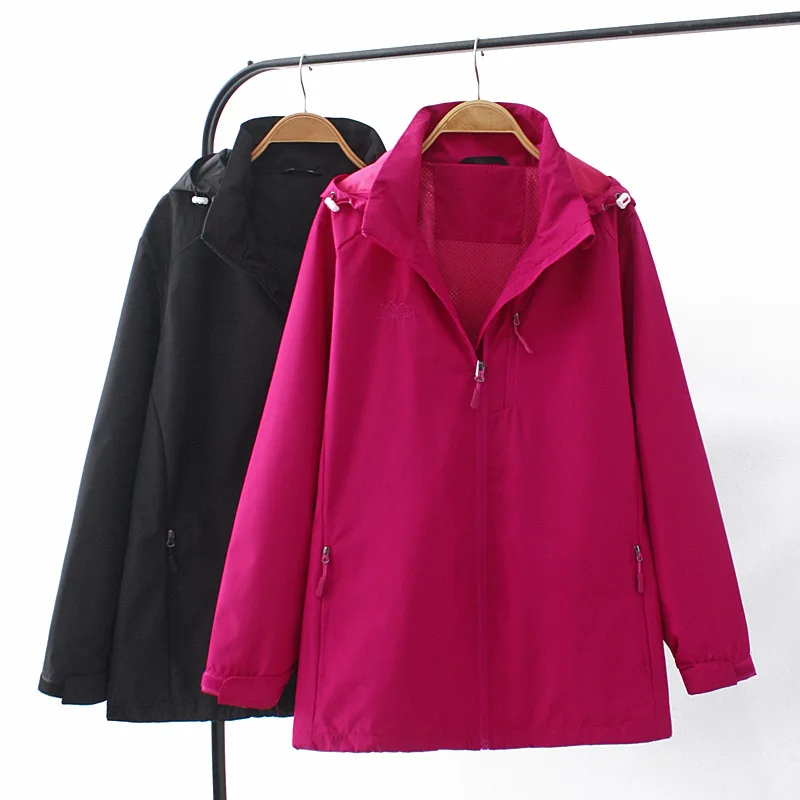 5XL Outdoor Jacket Plus Size Women Clothes Loose Fit STAND Collar Hooded Outewear Breathable Windproof Coat