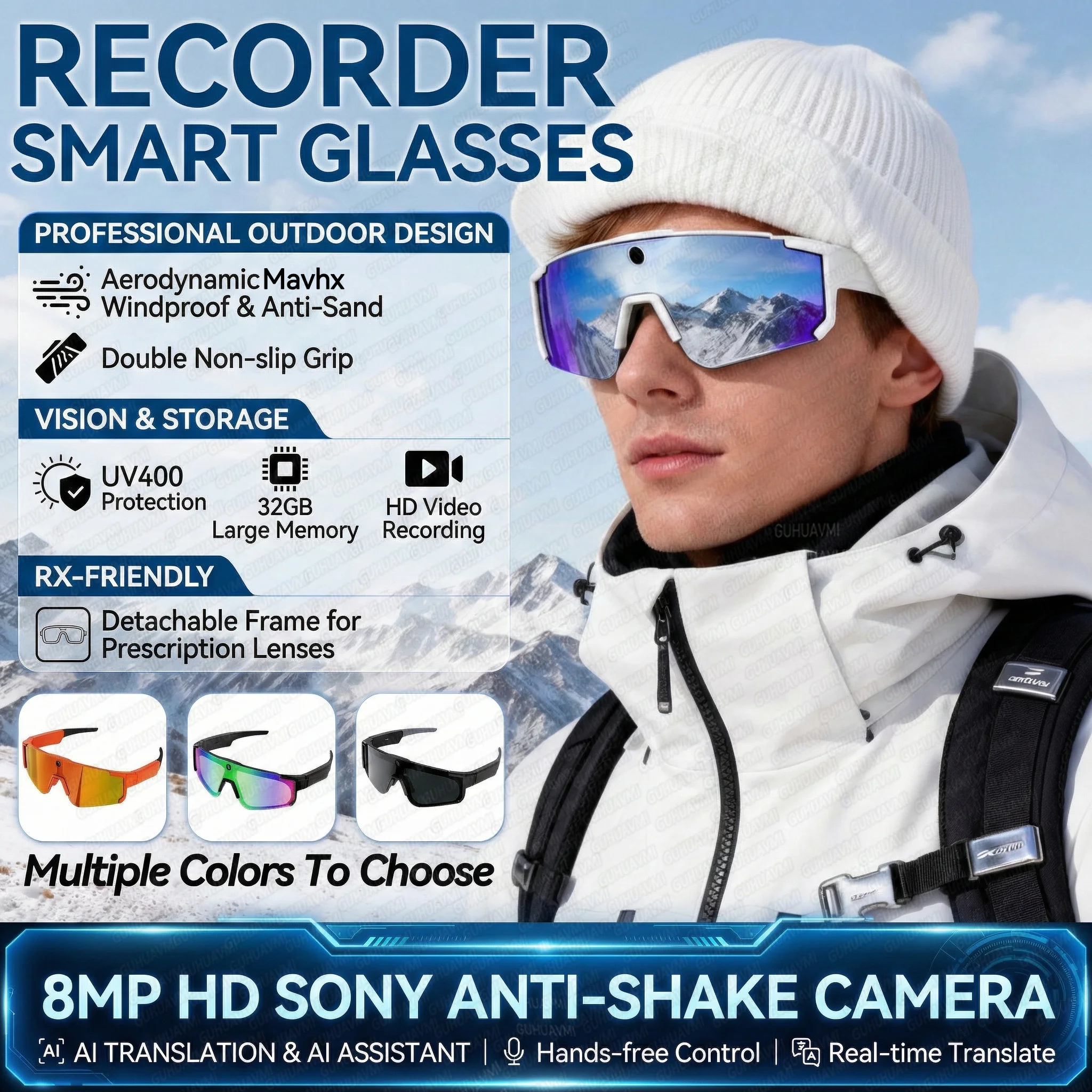 AI Skiing Smart Glasses 800W HD Anti-shake Camera Action Capture Goggles 1