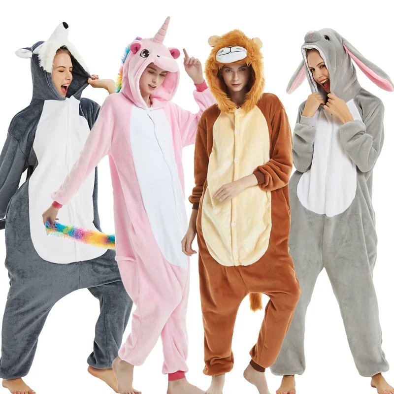 Adults Panda Pajamas Unicorn Onesie Women Sleepwear Lion Nightwear Mens Overalls Winter Animal Kigurumi Cosplay Hooded Pyjamas