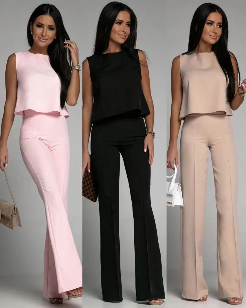 CasualWomenLongPants2PiecesSetsFashionSleevelessShortTank