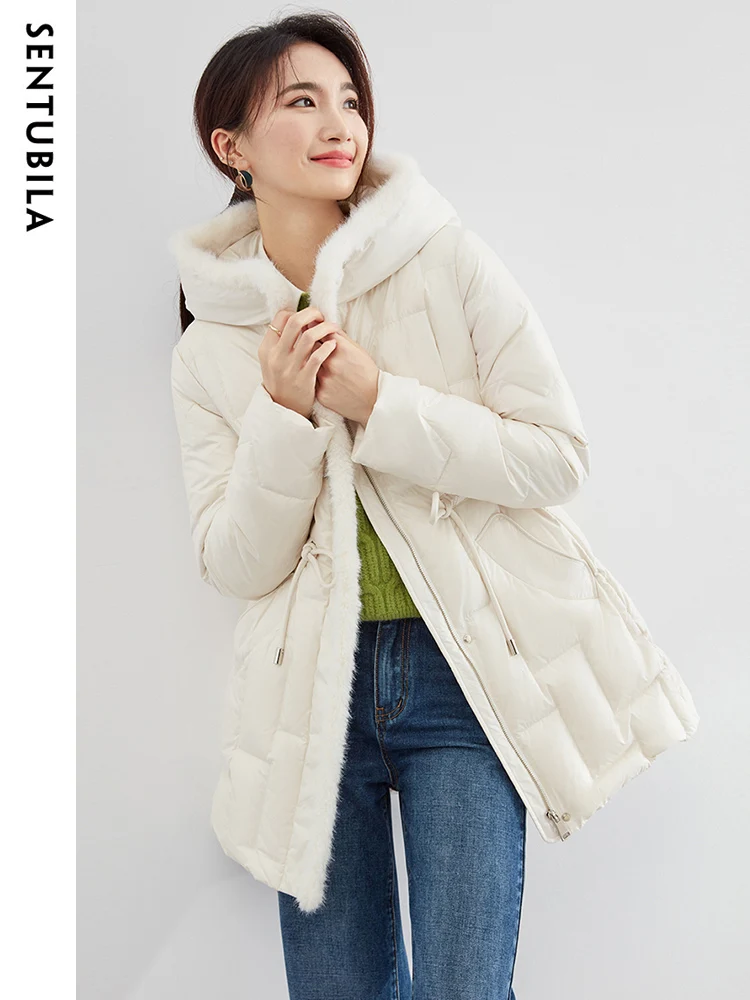 

Sentubila Office Lady Fashion Hooded Down Jacket Winter 2023 Zipper Lace-Up Mid Length Down Coat Women Warm Outwear W34Y49696
