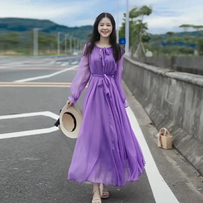 

Fashion Violet Red Chiffon Dress Women's Large Hem Long Dresses Beach Style Elegant Party Traveling Outside Clothing Female