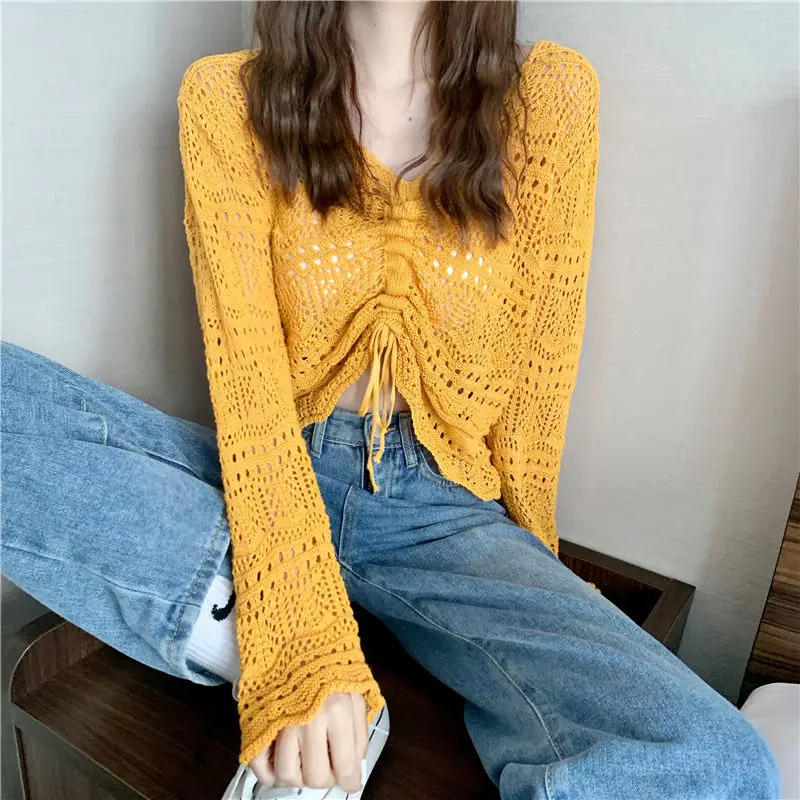 

Yellow Sexy New Hollowed Bandage Spring Pullover Short Sweater Loose Coat Casual Cloth Girl T-shirt Tops Clothes for Women Lady