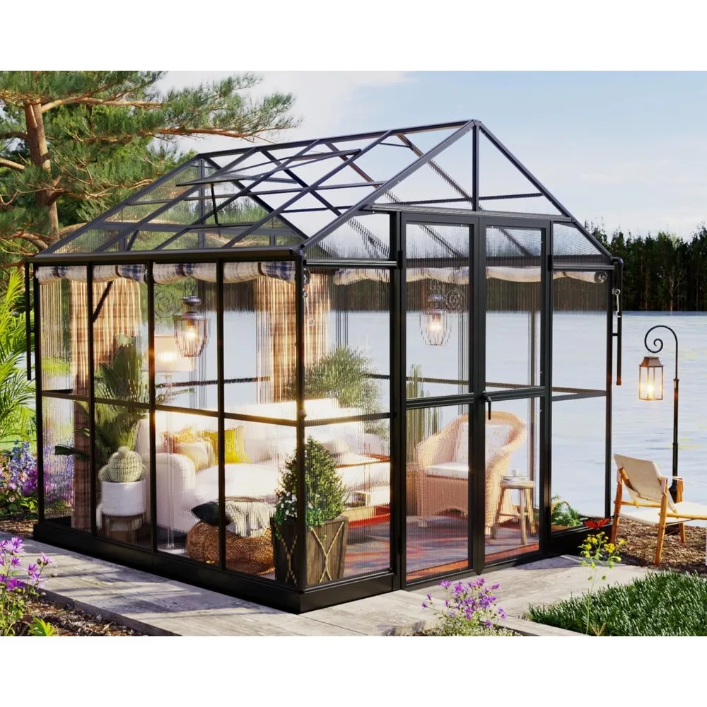 Aluminum Polycarbonate Greenhouse with Ventilation and Rain Gutter, Double Swing Doors with Hook, Greenhouses 2
