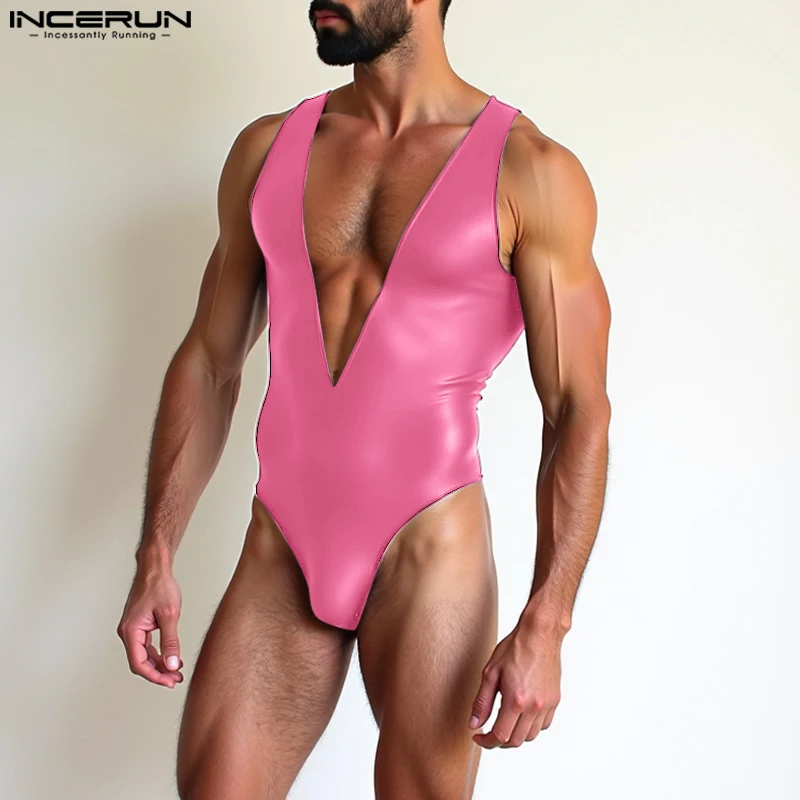 American Sexy Men Sleeveless Bodysuits Causal Solid Color Onesies Deep V-neck Comfortable Homewear Loungewear