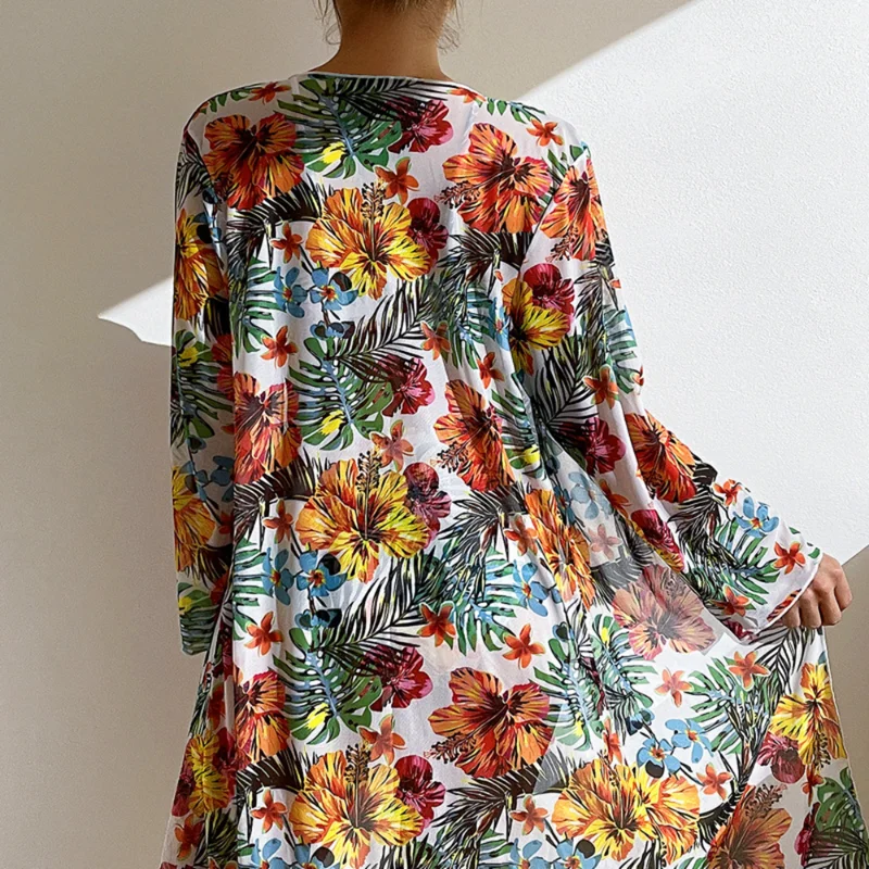 Sexy High Waisted Bikini Three Pieces Floral Printed Swimsuit Women Bikini Set With Mesh Long-Sleeved Blouse Size S-2XL 2023 New