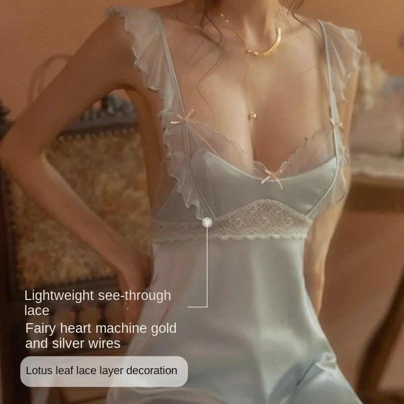 Sexy Silky Nightgowns Lingerie Pajamas Women's Sleepwear Sling Nightdress Lace Seduction Pure Desire Hot Hollow Out Night Gown