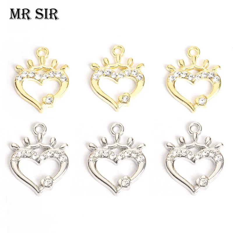 

10pcs Simple Trendy Crystal Heart-Shaped Crown Charms Rhinestones Jewelry Accessories DIY Necklace Earrings Openwork Pendants
