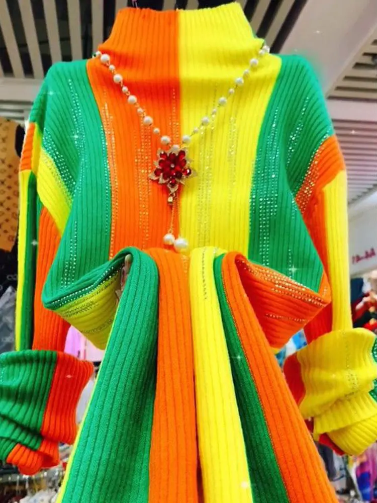 

Fashion Color Matching Striped Rhinestone Turtleneck Sweater Women Pullover Sweater Top Autumn Winter Knitting Bottoming Shirt