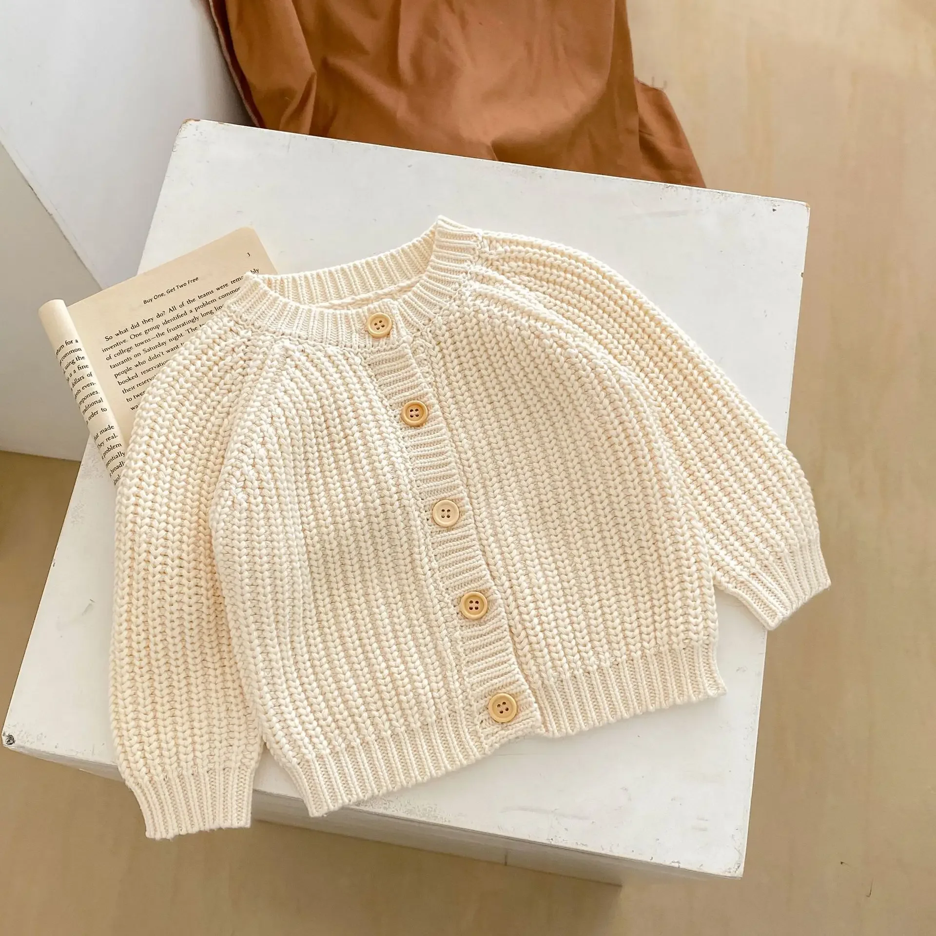 Baby Sweater Coat Autumn Solid Color Beige Knitted Girl's Sweater Long-sleeved Coat 0-3Year Kid's Cardigan