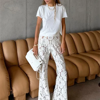 Tossy White Printed High Waist Straight Legg Women Patchwork Hollow Out Fashion See-Through Lace Women's Pants Summer Clothes
