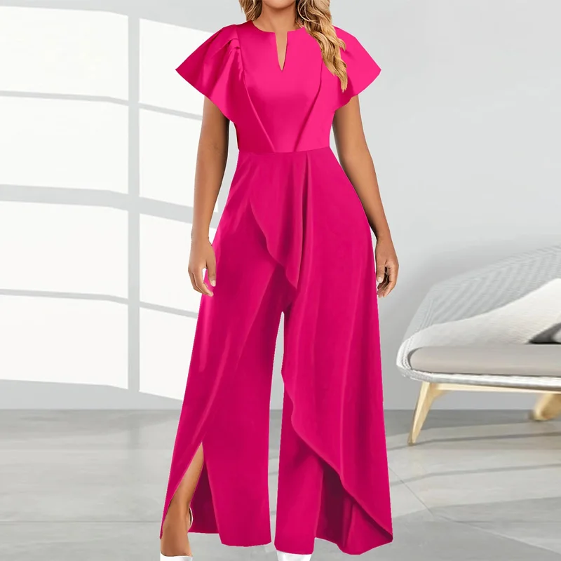 

Summer Solid Color High Waist Jumpsuit Elegant Short Sleeve Office Wide Leg Pants Romper Fashion Casual Draped Playsuit Overalls