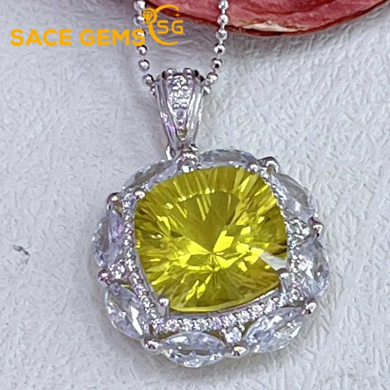 

SACE GEMS Luxury 925 Sterling Silver 12*12MM Natual Citrine Pendant Necklaces for Womne Engagement Cocktail Party Fine Jewelry