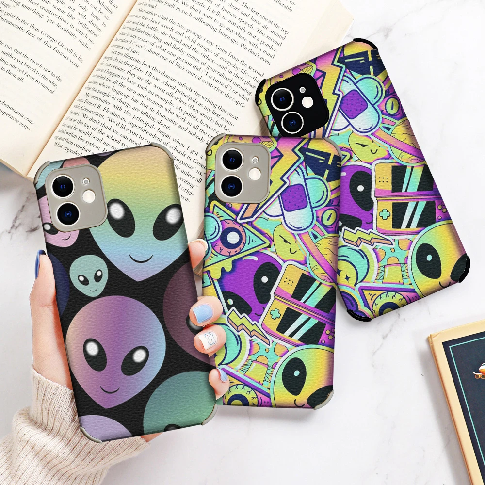 

Luxury Lambskin Case For Iphone 13 12 11 Pro MAX MiNi 7 8plus SE2020 X XS XR Aesthetics Cute Cartoon Space Alien Soft Back Cover