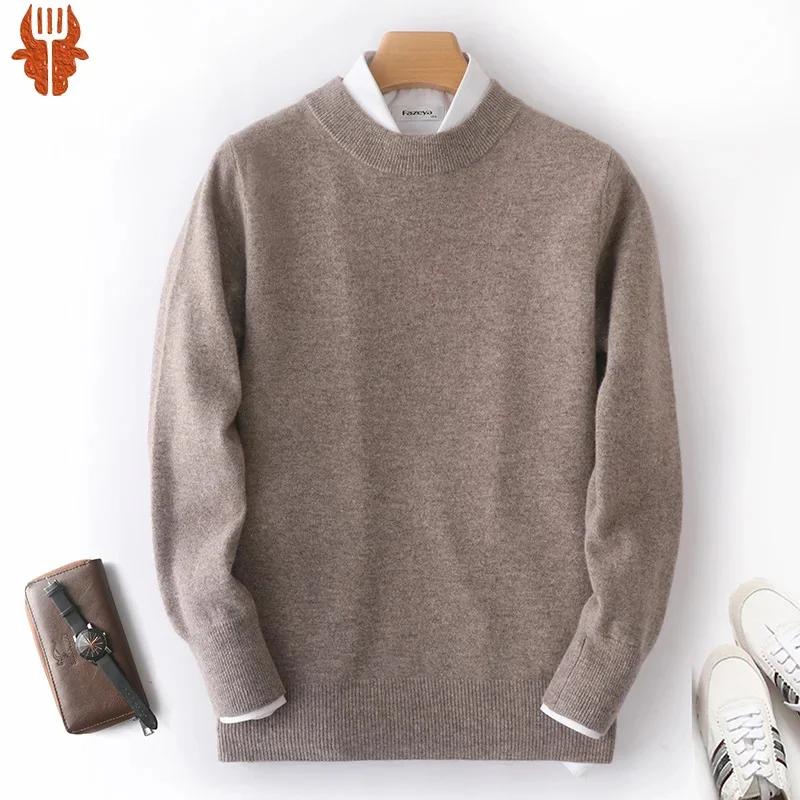 

100% Merino Wool Men's Half High Neck Sweater Fashion Solid Color Pullover Autumn and Winter Long Sleeve