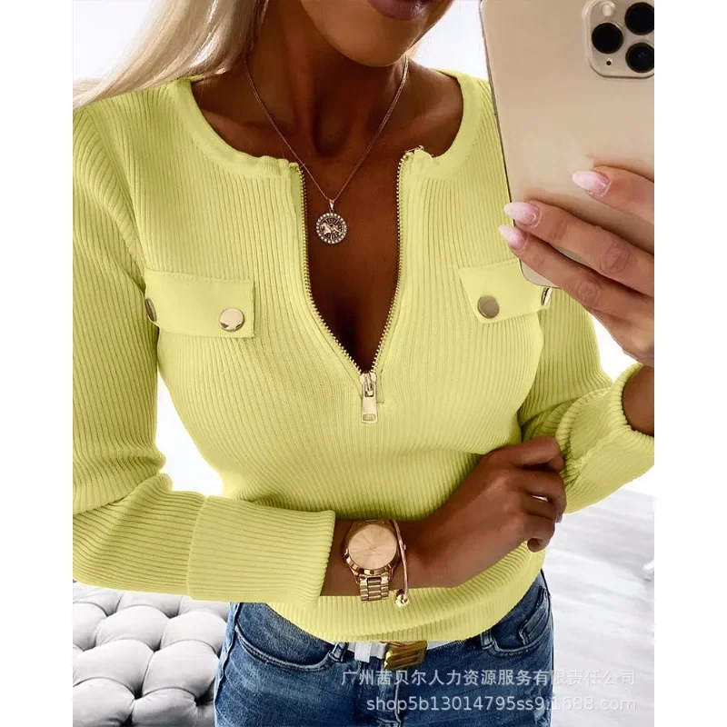 

Elegant Women Ribbed Shirt Top Autumn Winter Casual Long Sleeve Zipper O Neck Corset Slim Fit T-shirt Streetwear Y2K INS Clothes