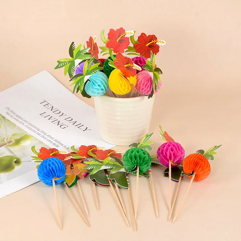 

50Pcs Hawaiian Party Fruit Toothpick Tropical Flower Coconut Tree Drinking Fruit Sticks Summer Party Cake Bamboo Pick Decoration