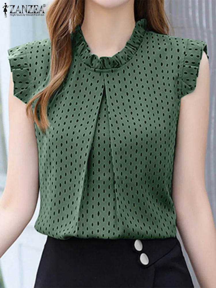 【BAON】Hatsumi dot frill short sleeve tee Taupe V Neck Short Sleeve Polka Dot Blouse - Petallush