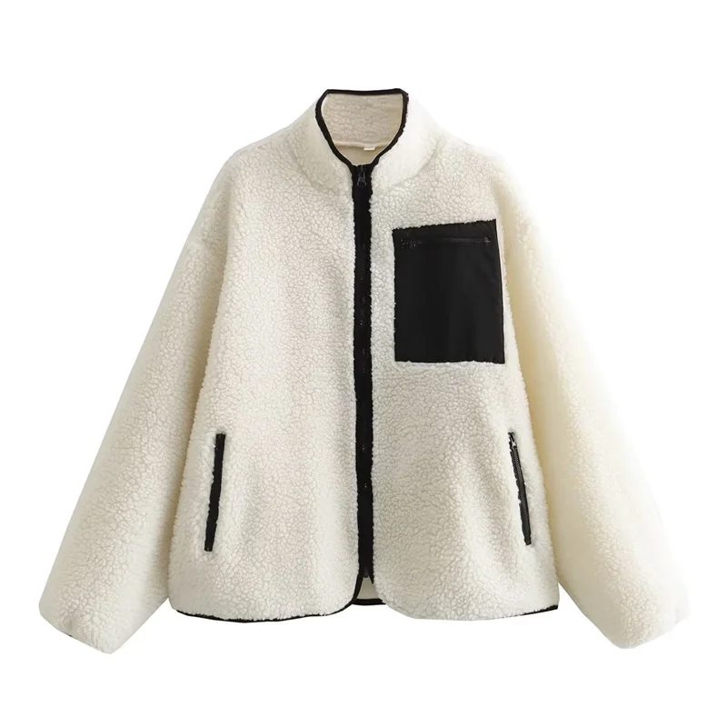 

2023 New Women Contrast Color Teddy Velvet Fashion Casual Super Loose Long Sleeve Coat Winter Versatile Front Zipper Tops