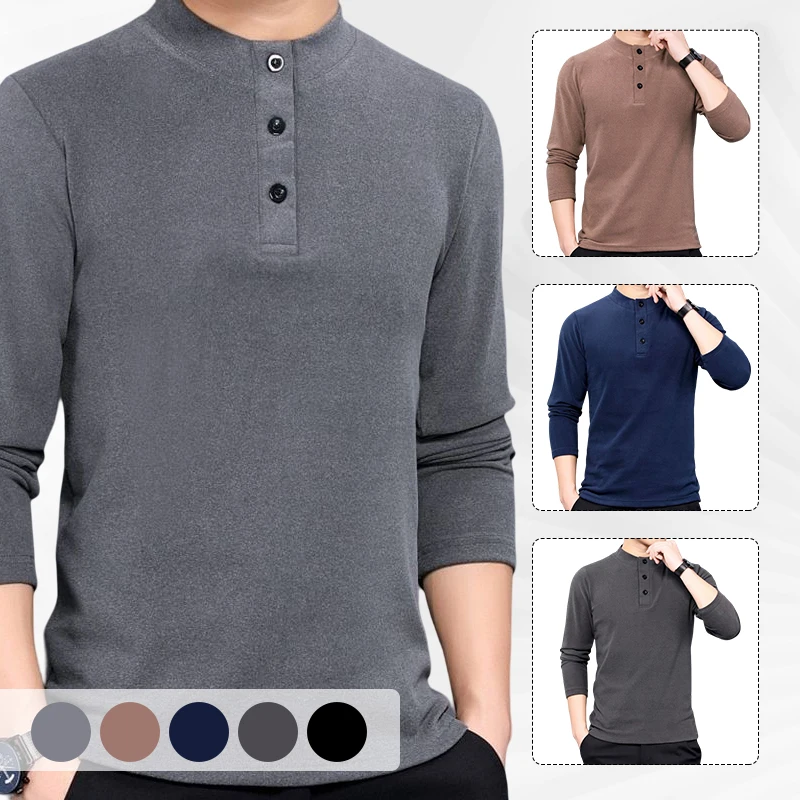 

Fashion Men's De Velvet Thickened Sweater Winter Double-sided Fleece Half High Collar Warm T-shirt Solid Color Button Bottoming