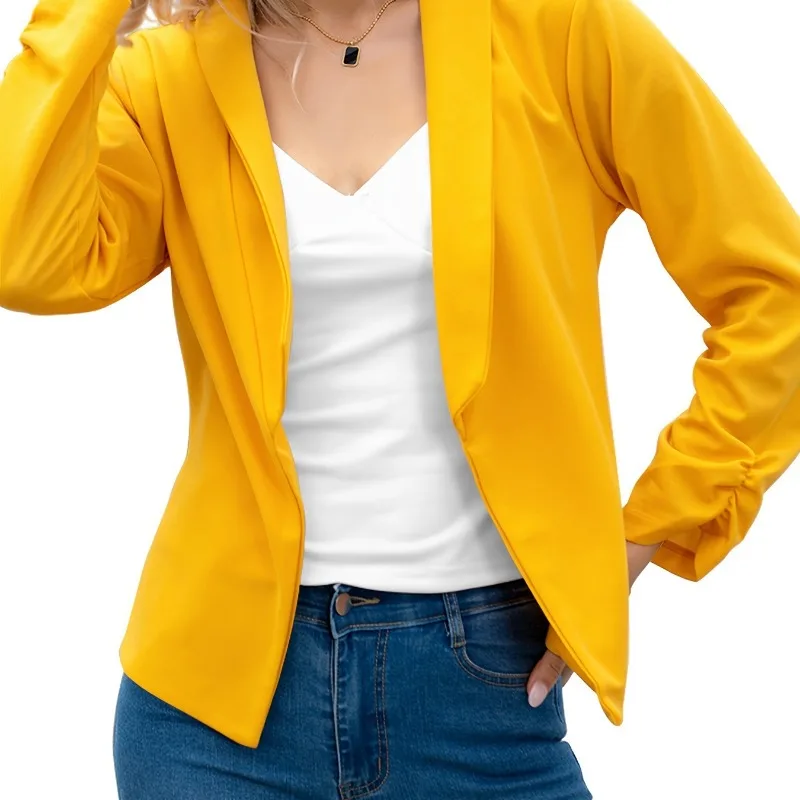 Spring and Autumn Women's Solid Color Suit Collar Short Cardigan Spliced Long Sleeve Pleated Coat Fashion Elegant Commuter Tops