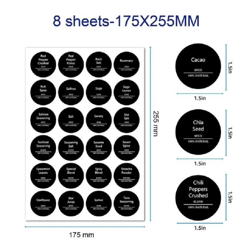 8Sheets 192Pcs Round Spice Can Label Kitchen Room Spice Jar Labels Kitchen Jar Stickers Waterproof And Oil-proof Stickers label stickers scrapbook stickers
