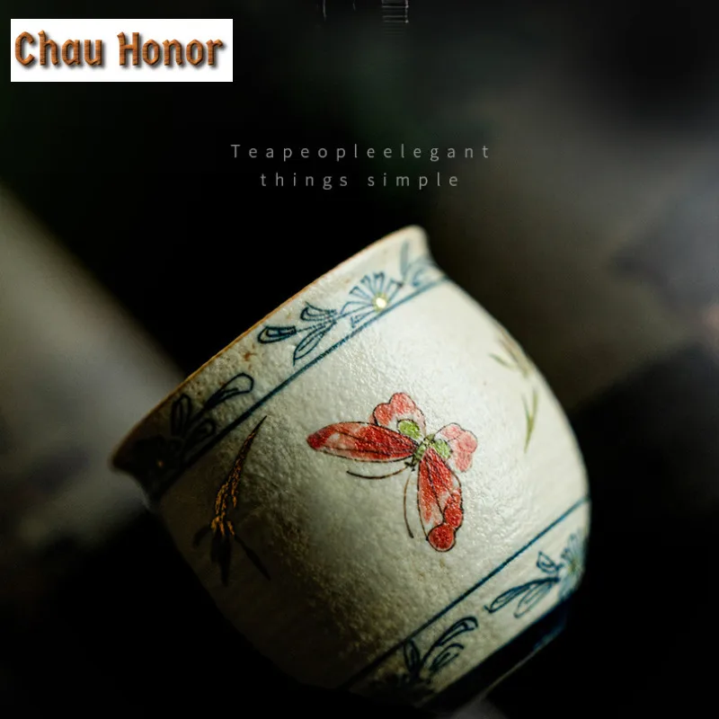 90ml High-end Blue And White Flint Red Teacup Handmade Gold Drawing Butterfly Orchid Master Cup Personal Egg Shape Coffee Mug