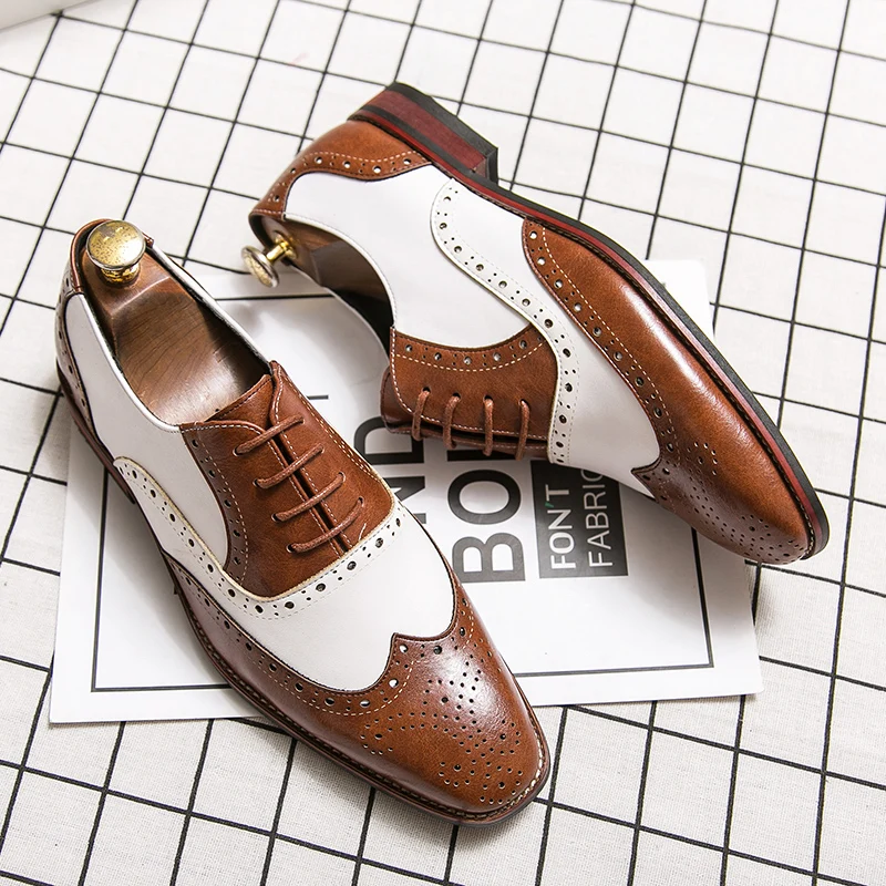 Brogue Design Men Dress Shoes Fashion Match Colors Leather Shoes Lace-up Business Casual Oxford Footwear Plus Size 38-48