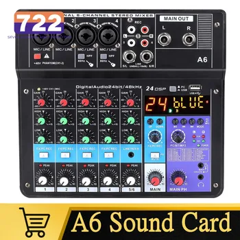 HD A6 A4 사운드 카드, 8 채널 블루투스 호환 오디오 믹서 콘솔, USB 녹음, 컴퓨터 노래 라이브 방송
