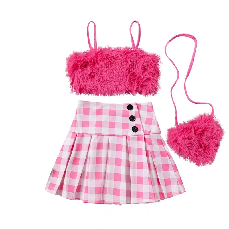 2-8Y Children Kids Baby Girls Clothes Sets Toddler Outfits Summer Plush Vest Tops Plaid Ruffle Skirts Crossbody Baby kids clothing set girls clothing set