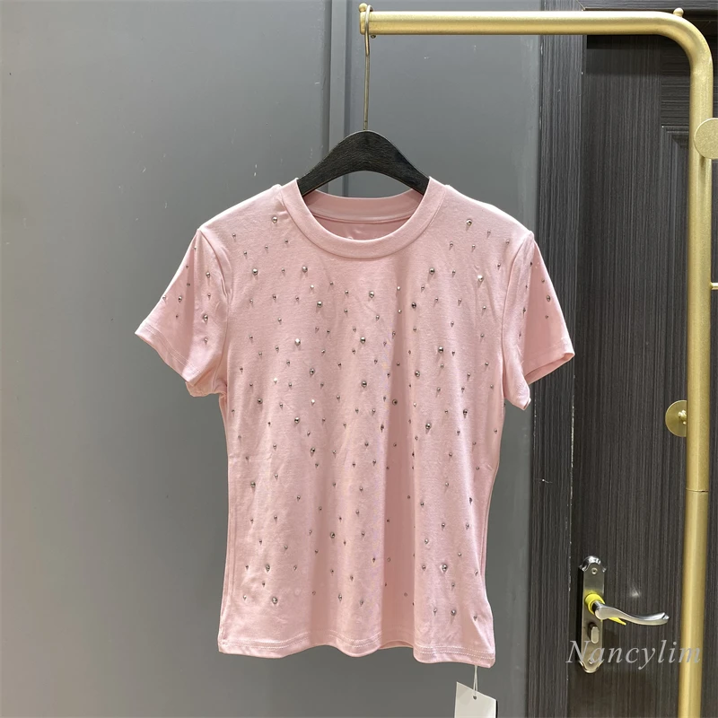 Rhinestone Short Sleeve T-Shirt Women's 2024 Summer New Round Neck Pullover Commuter's All-Matching Casual Slim Top Tees