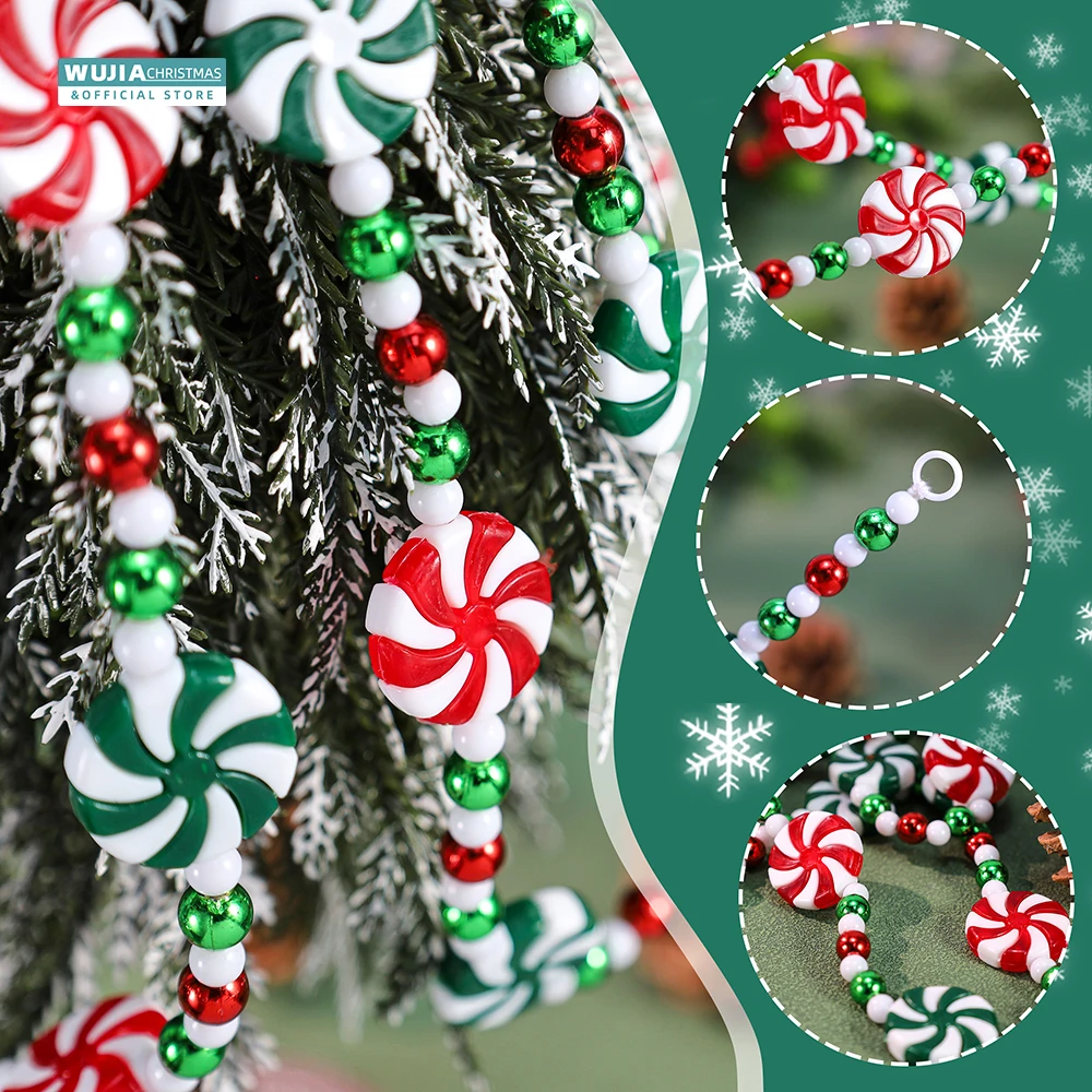2.4M Christmas Candy Garland Peppermint Acrylic Bead String New Year Hanging Xmas Tree for Fireplace Wreath DIY Party Home Decor