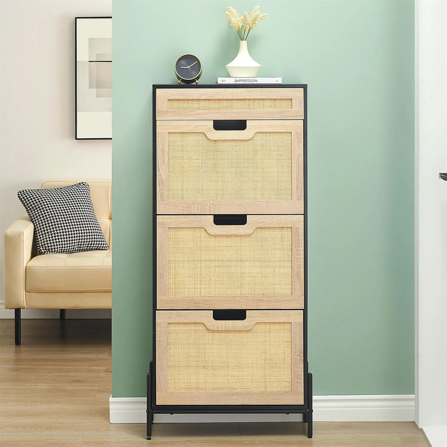 GAOMON Rattan Shoe Storage Cabinet with 3 Flip Door and 1 Drawer, Freestanding Shoe Organizer Rack for Entryway, Hidden Shoe 3