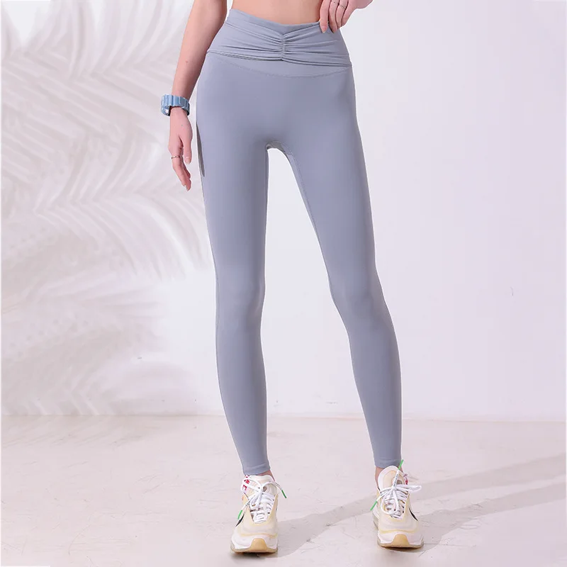 Women Sport Leggings High Waist Yoga Pants Hip-Lifting Pleated Pant Quick  Dry Running Trousers Elastic Gym Fitness Tights Female
