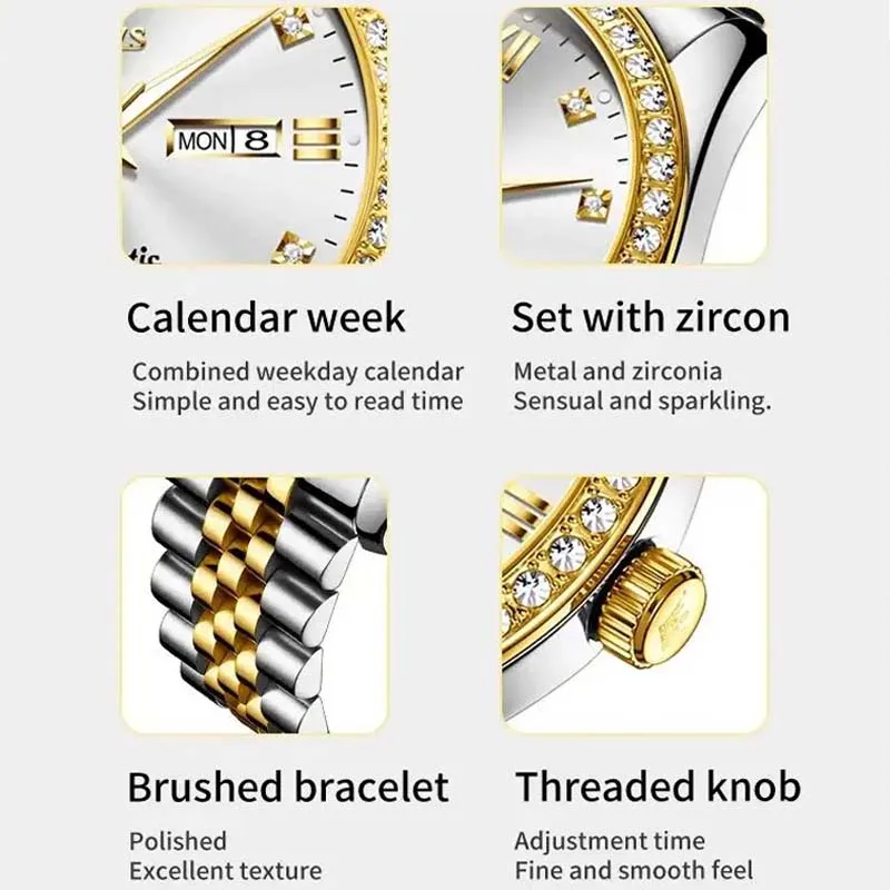 OLEVS Automatic Mechanical Watch for Men Diamond Stainless Steel Calendar Waterproof Luminous Fashion Business Men's Wristwatch
