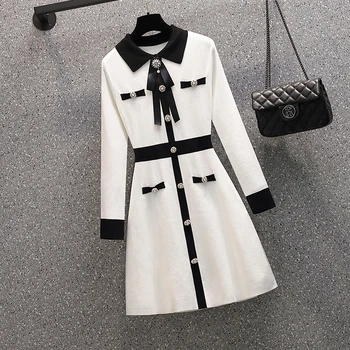 COIGARSAM-vestidos de moda para mujer, ropa de oficina de manga larga con cuello Peter Pan, blanco y negro, otoño e invierno, 2022 3
