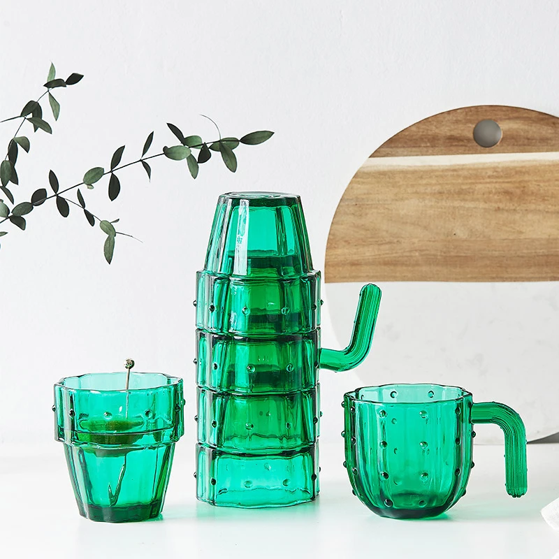 Nordic Cactus Glass Cup Household Water Glass Mug 4/6 Pcs Set Stackable Green Tumbler Glassware With Box Package Gift Cups