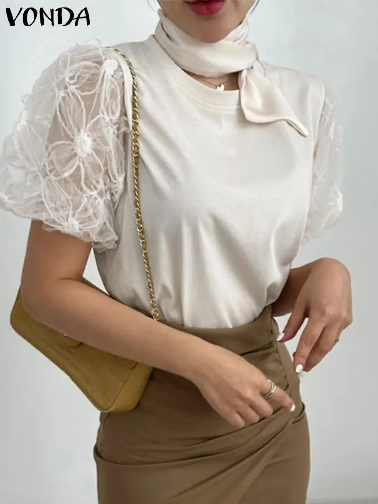 

Fashion Lace Shirts Women Blouse 2023 Summer O Neck Casual Loose Short Sleeve Tops VONDA Elegant Office Blusas Femininas Tunic