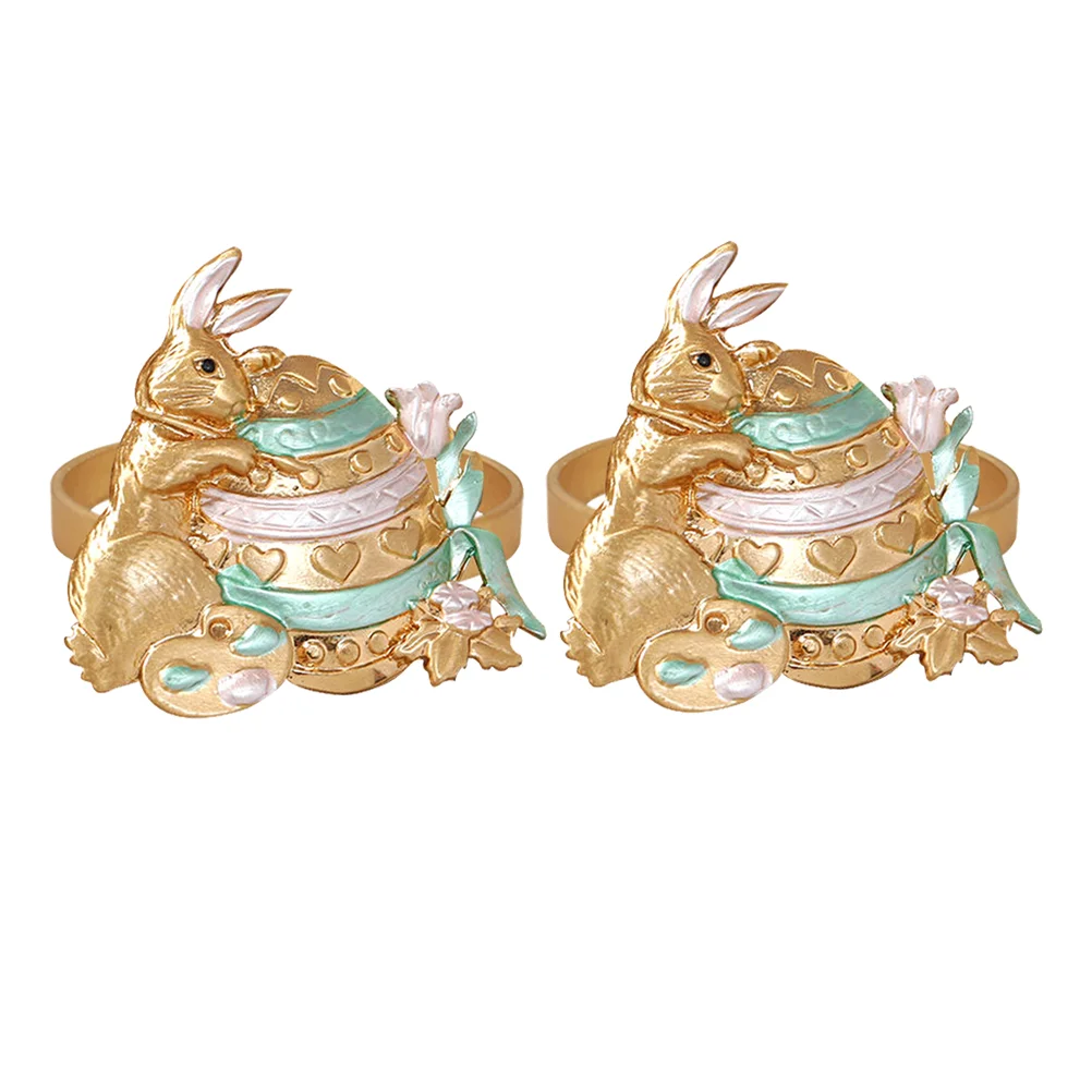 

2 Pcs Rabbit Napkin Rings Reusable Serviette Buckle Clasp Easter Table Decorations Alloy for
