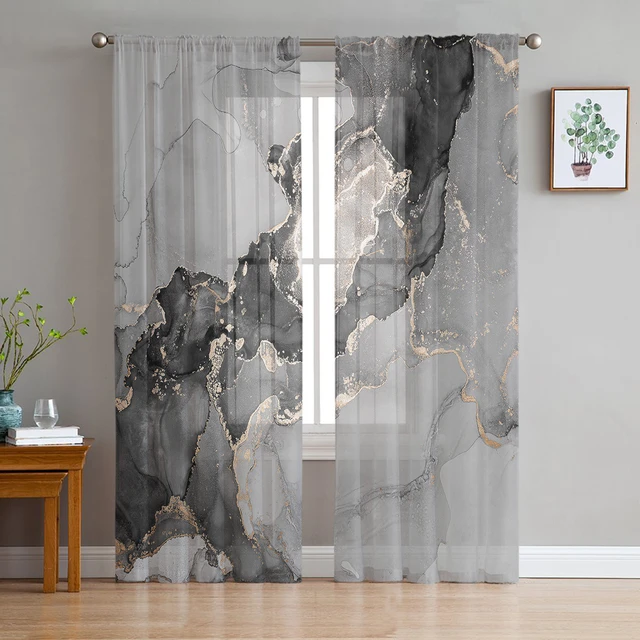 Tende da finestra trasparenti in Tulle bianco e nero con inchiostro in  marmo per soggiorno tende