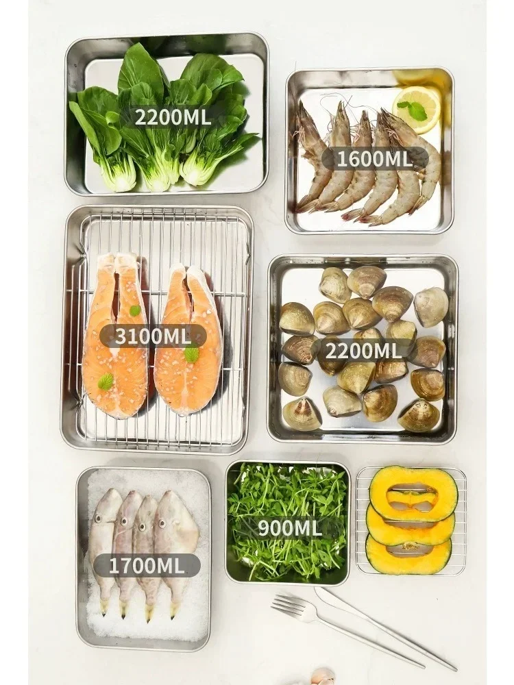 Description Picture 4 of itemStainless Steel Square Plate With Lid Rectangular Food Storage Pan Commercial Dish Tray Large Freshing Lunch Box Container