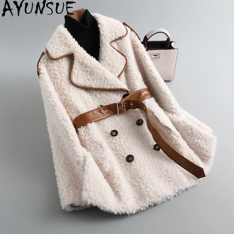 

AYUNSUE 100% Sheep Shearing Jackets for Women 2023 Winter Autumn Fashion Mid-length Lamb Wool Coat Lacing Up Jaqueta Feminina