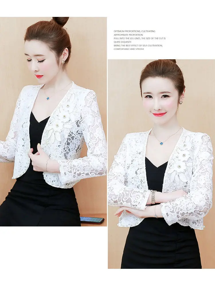 2023 Women's Lace Top Sun Protection Short Jacket Spring Summer Lace Cardigan Thin Bead Embroidered Flowers Diamond Small Shawl