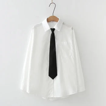 GIDYQ Women White Jk Shirts Long Sleeve Fall Student Shirts Casual Button Up Japan Black Tie Preppy Style Girls Tops New 1