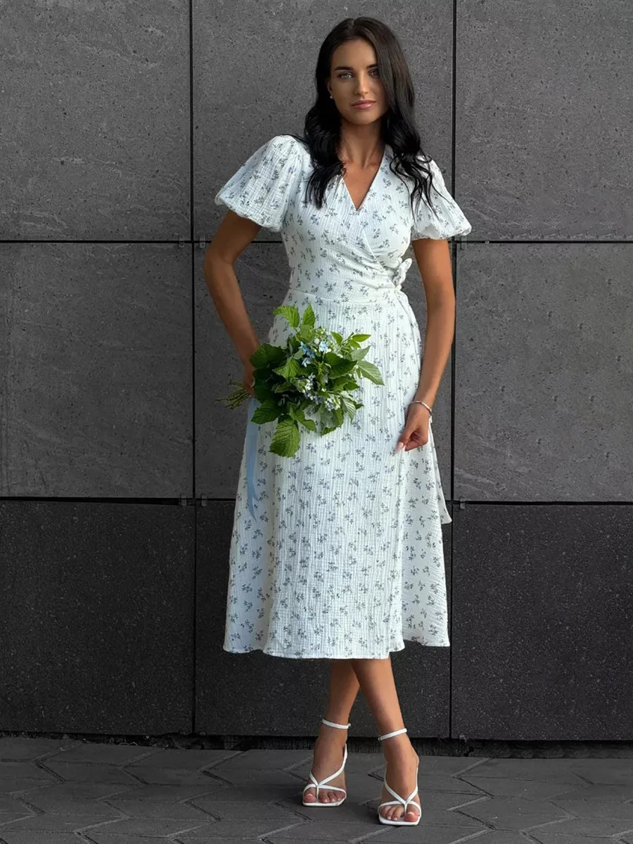Women's Loose Fit Cotton Blend Maxi Dress with V-Neck & Short Sleeves S0a82f9d8bd384a32a7a8999c036a28fcm