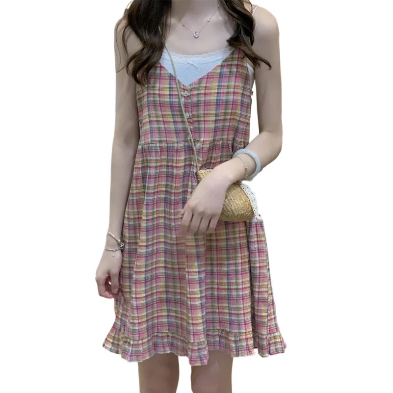 

Summer New Girlish V-Neck Cotton Plaid Suspended Skirts A-Line Camisole Loose Waist Breathable Sweet Hem Ruffles Edge Vestidos