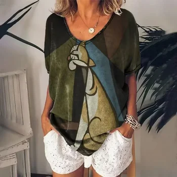 Retro Women's T Shirt Anime Cat Graphic Girl Clothes Summer V-neck Short Sleeve Tees Female Harajuku Streetwear Oversized Blouse 5